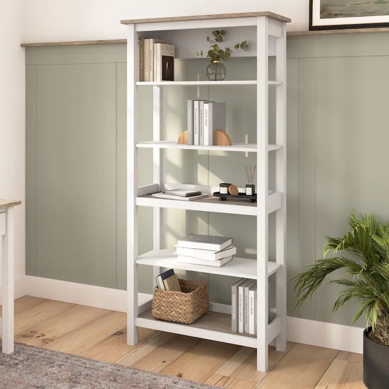Tall 5-Shelf Bookcase with Adjustable Shelves, Modern Farmhouse Style