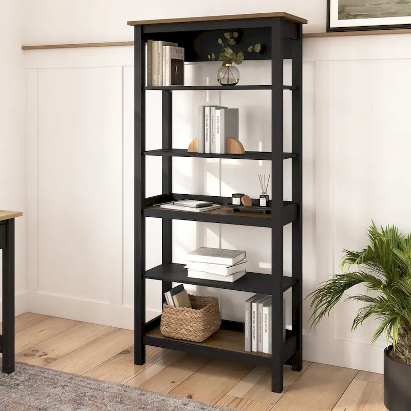 Tall 5-Shelf Bookcase with Adjustable Shelves, Modern Farmhouse Style