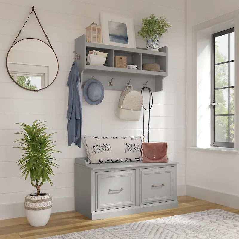 40W Shoe Storage Bench with Doors and Wall Mounted Coat Rack
