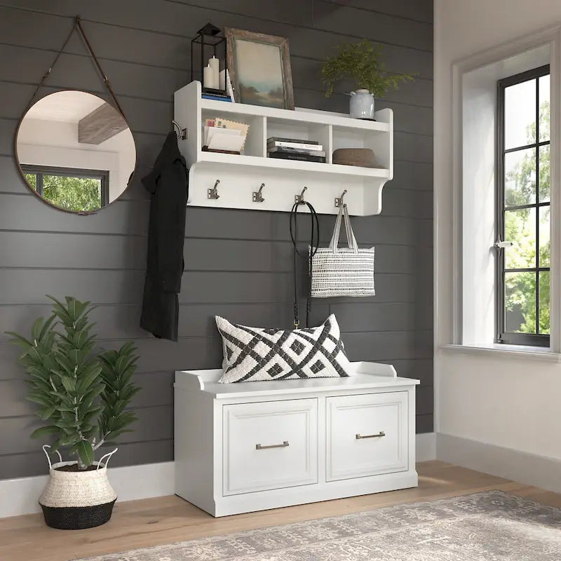 40W Shoe Storage Bench with Doors and Wall Mounted Coat Rack
