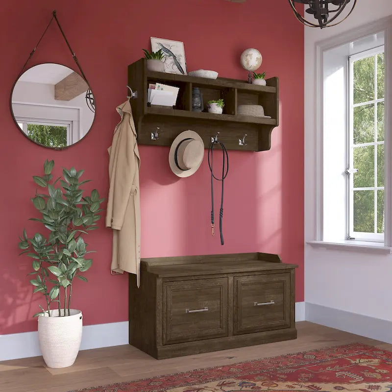 40W Shoe Storage Bench with Doors and Wall Mounted Coat Rack