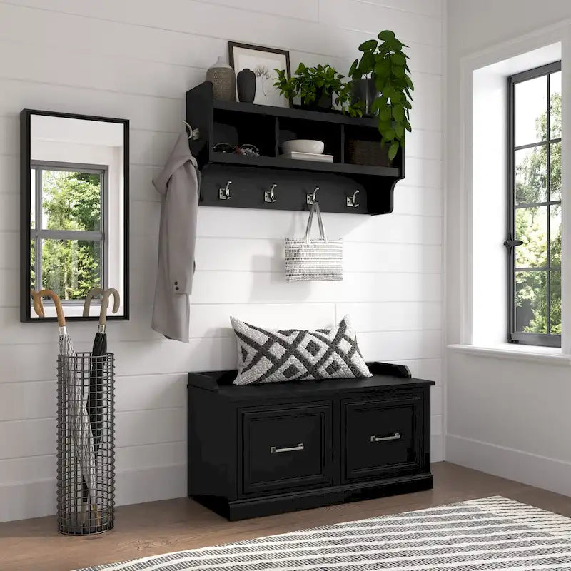 40W Shoe Storage Bench with Doors and Wall Mounted Coat Rack