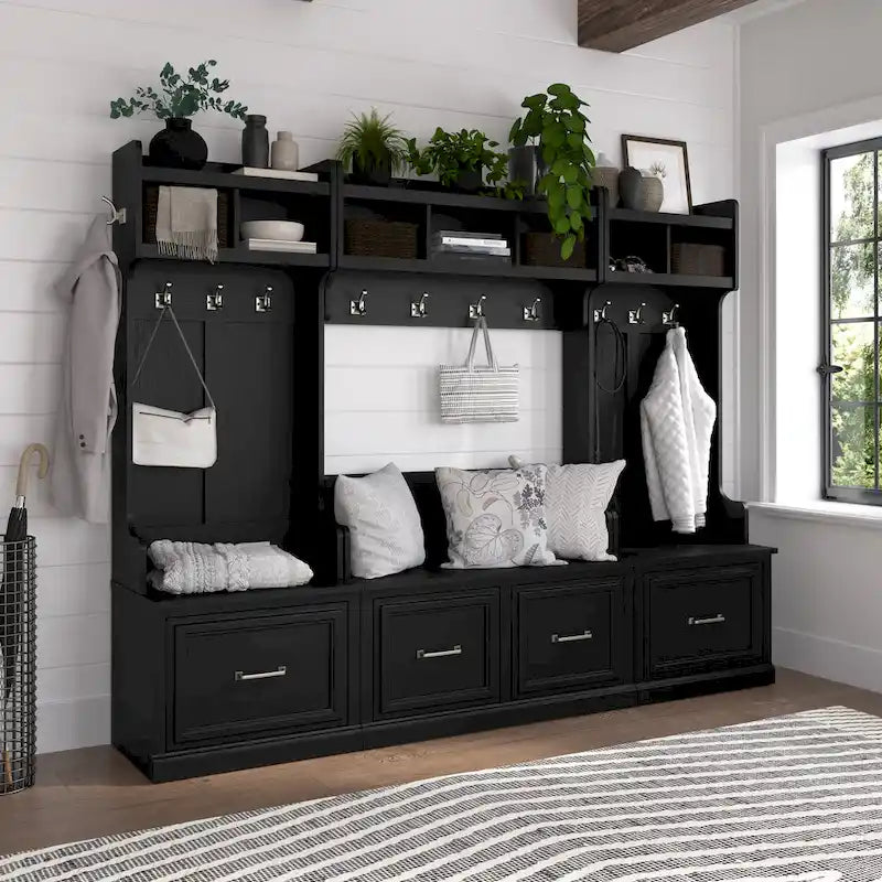 40W Shoe Storage Bench with Doors and Wall Mounted Coat Rack