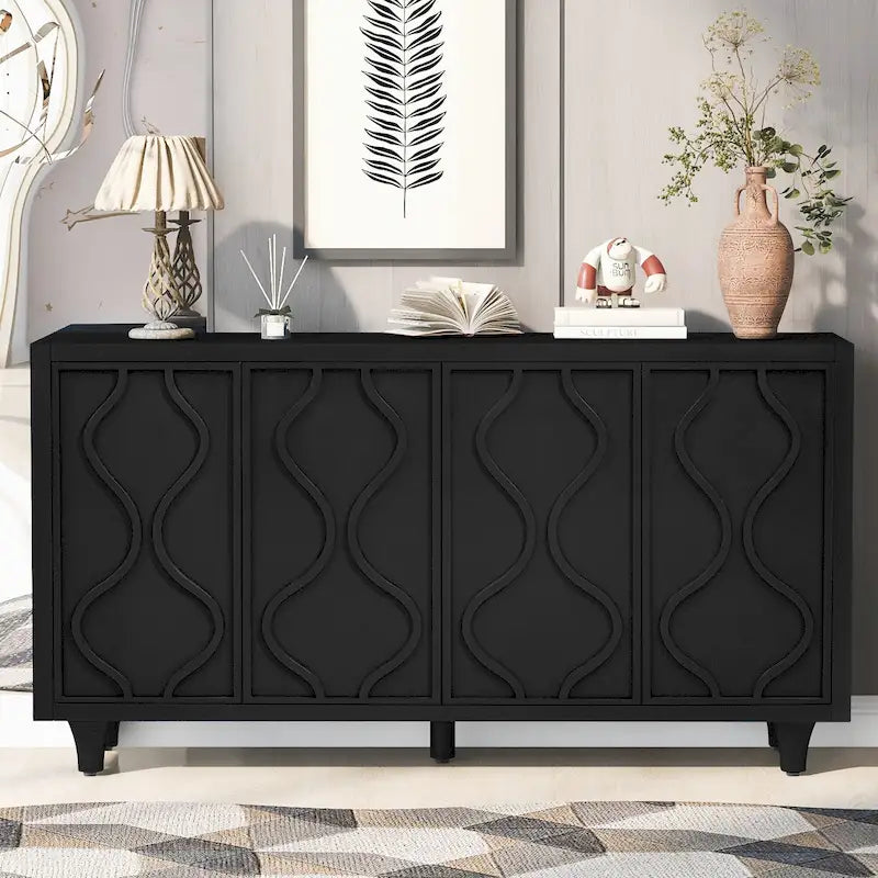 4-Door Storage Cabinet Sideboard with Embossed Curved Doors for Living Room