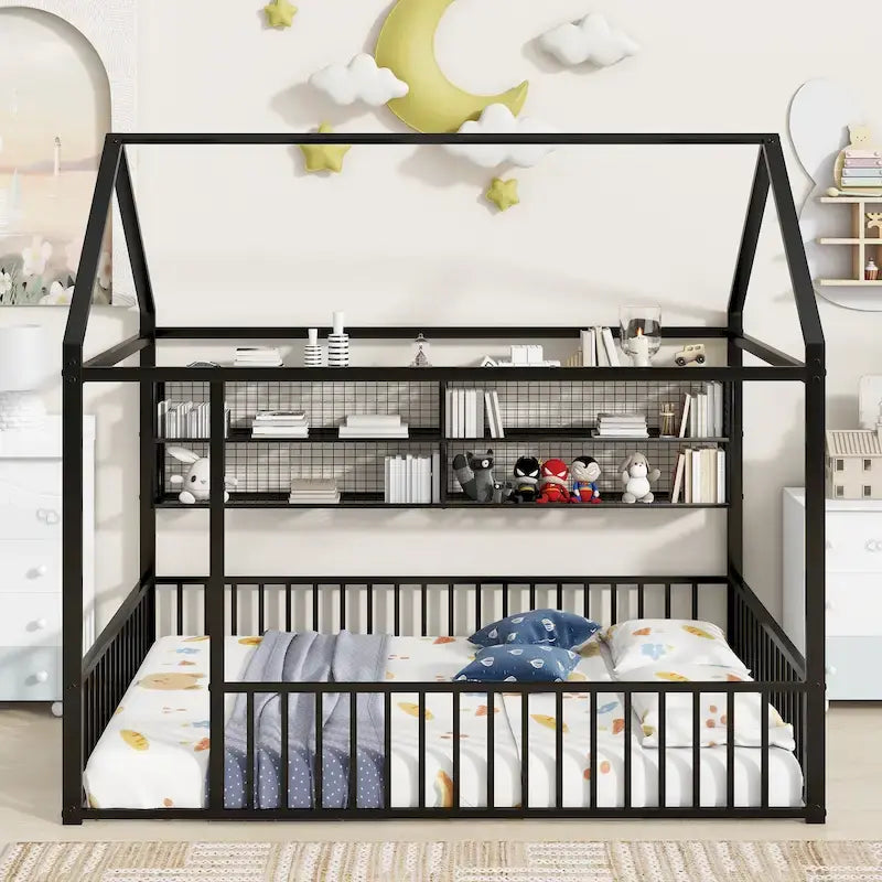 Metal House-Shaped Twin Bed Frame with Grid Shelves and Storage Fence