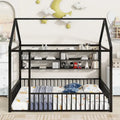 Metal House-Shaped Twin Bed Frame with Grid Shelves and Storage Fence