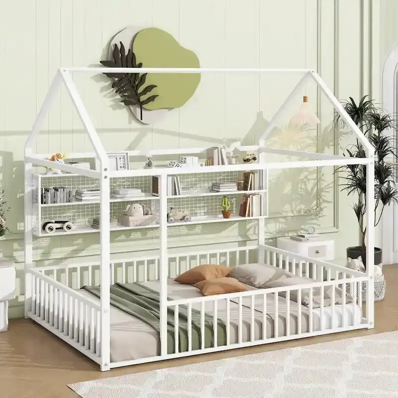 Metal House-Shaped Twin Bed Frame with Grid Shelves and Storage Fence