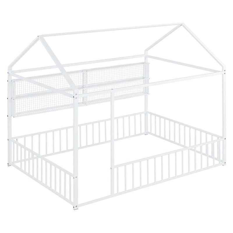 Metal House-Shaped Twin Bed Frame with Grid Shelves and Storage Fence
