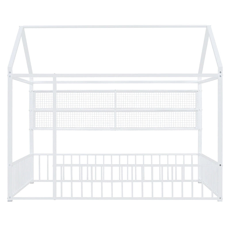 Metal House-Shaped Twin Bed Frame with Grid Shelves and Storage Fence