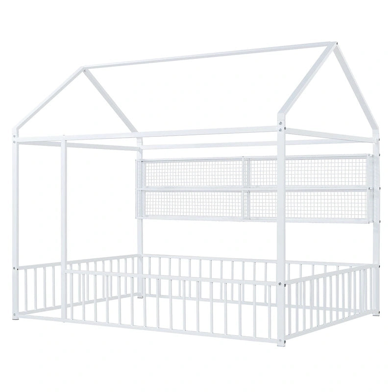 Metal House-Shaped Twin Bed Frame with Grid Shelves and Storage Fence