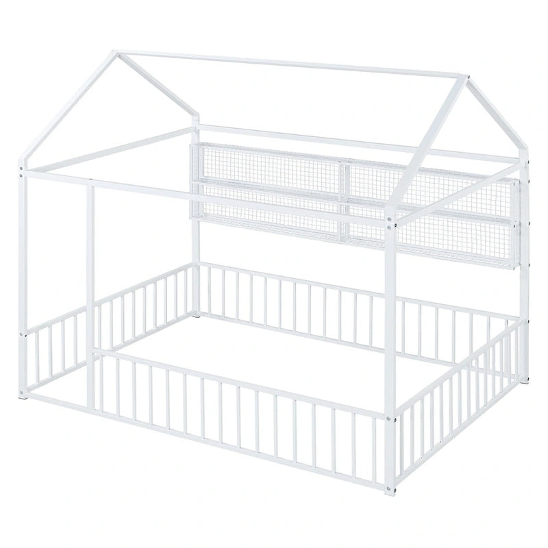 Metal House-Shaped Twin Bed Frame with Grid Shelves and Storage Fence