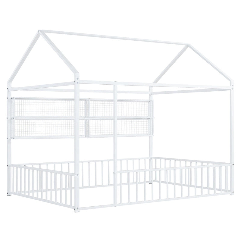 Metal House-Shaped Twin Bed Frame with Grid Shelves and Storage Fence