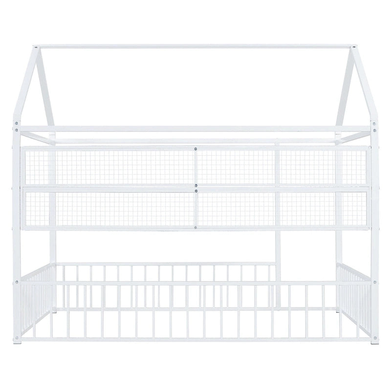 Metal House-Shaped Twin Bed Frame with Grid Shelves and Storage Fence