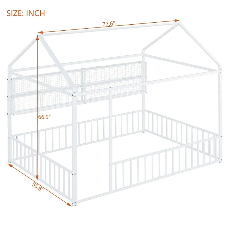 Metal House-Shaped Twin Bed Frame with Grid Shelves and Storage Fence