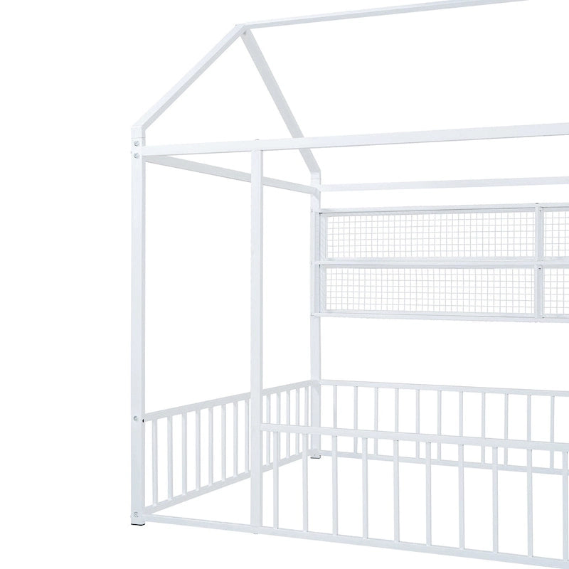 Metal House-Shaped Twin Bed Frame with Grid Shelves and Storage Fence
