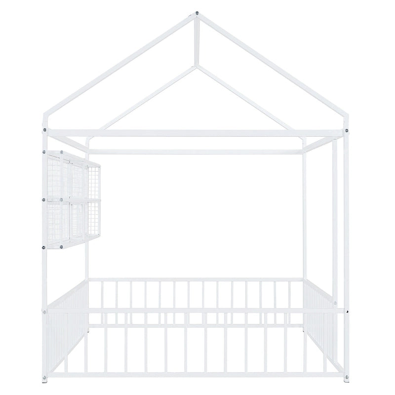 Metal House-Shaped Twin Bed Frame with Grid Shelves and Storage Fence