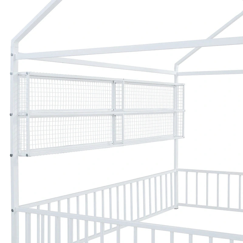 Metal House-Shaped Twin Bed Frame with Grid Shelves and Storage Fence