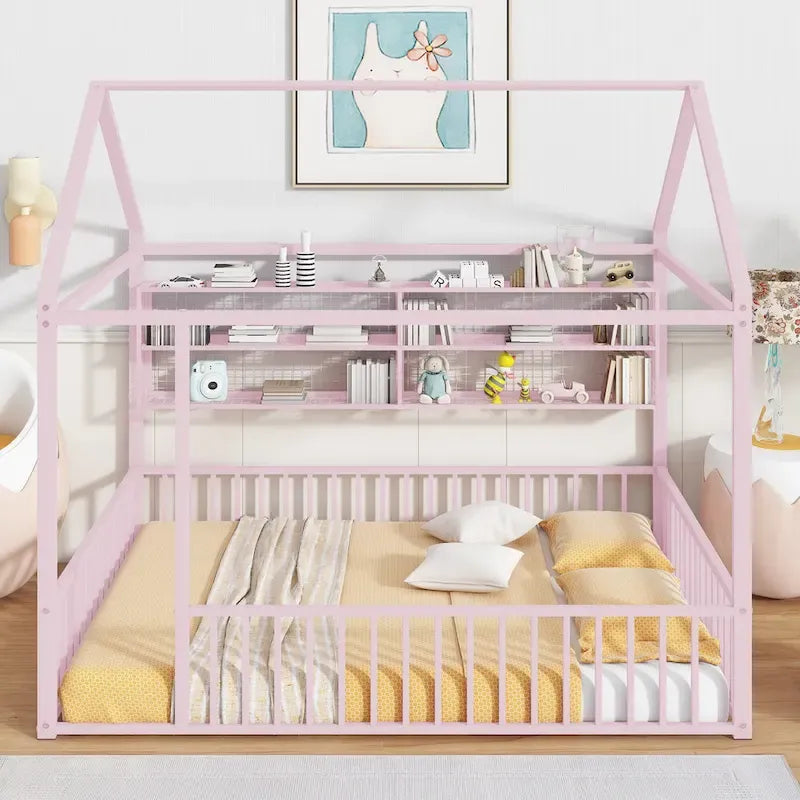 Metal House-Shaped Twin Bed Frame with Grid Shelves and Storage Fence