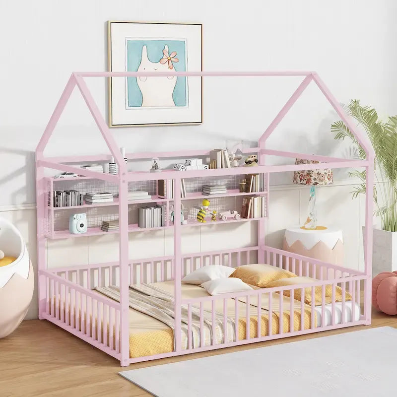 Metal House-Shaped Twin Bed Frame with Grid Shelves and Storage Fence