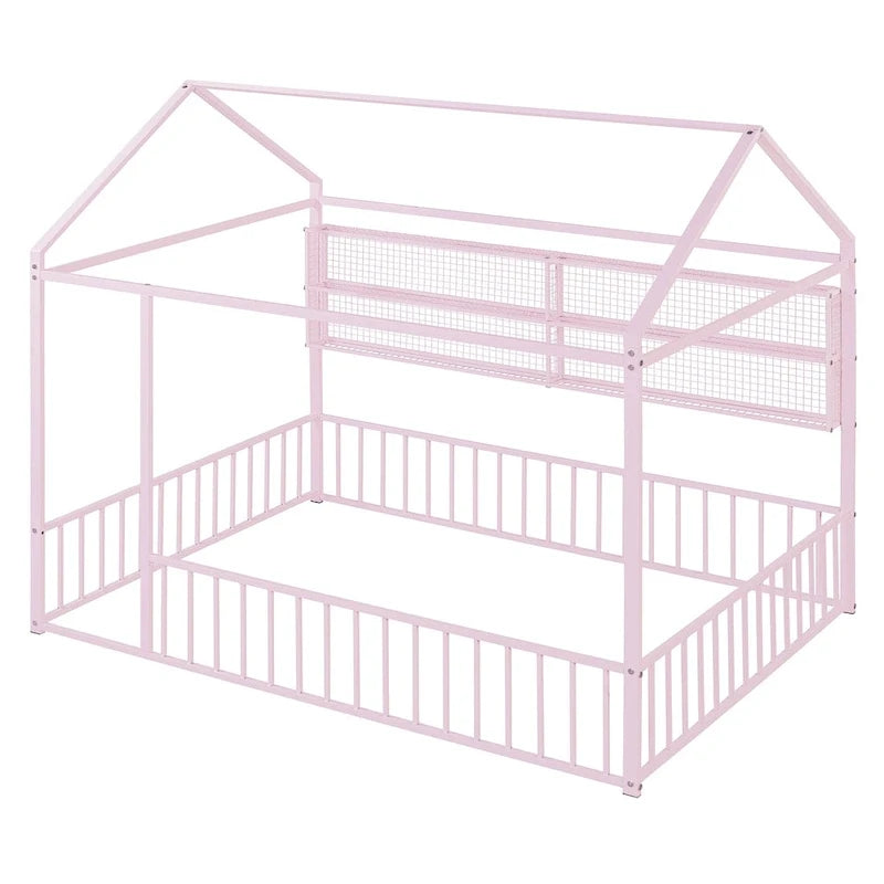 Metal House-Shaped Twin Bed Frame with Grid Shelves and Storage Fence