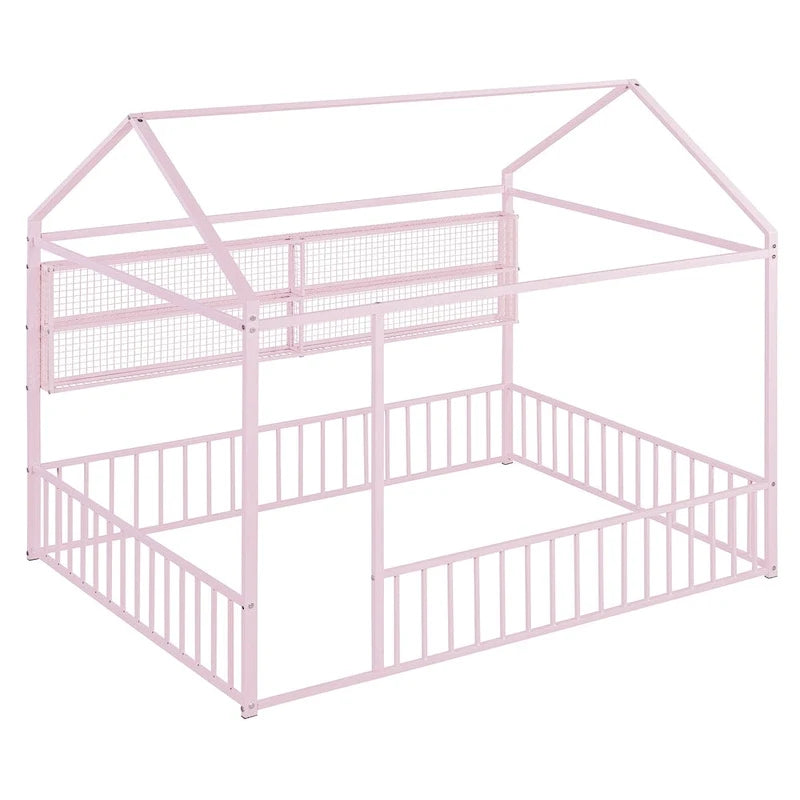 Metal House-Shaped Twin Bed Frame with Grid Shelves and Storage Fence
