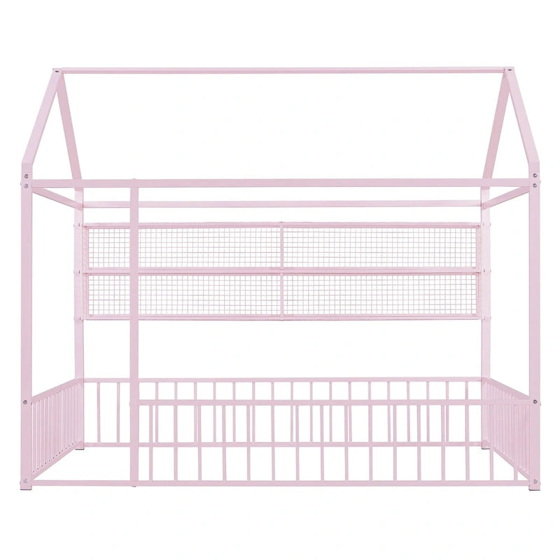 Metal House-Shaped Twin Bed Frame with Grid Shelves and Storage Fence