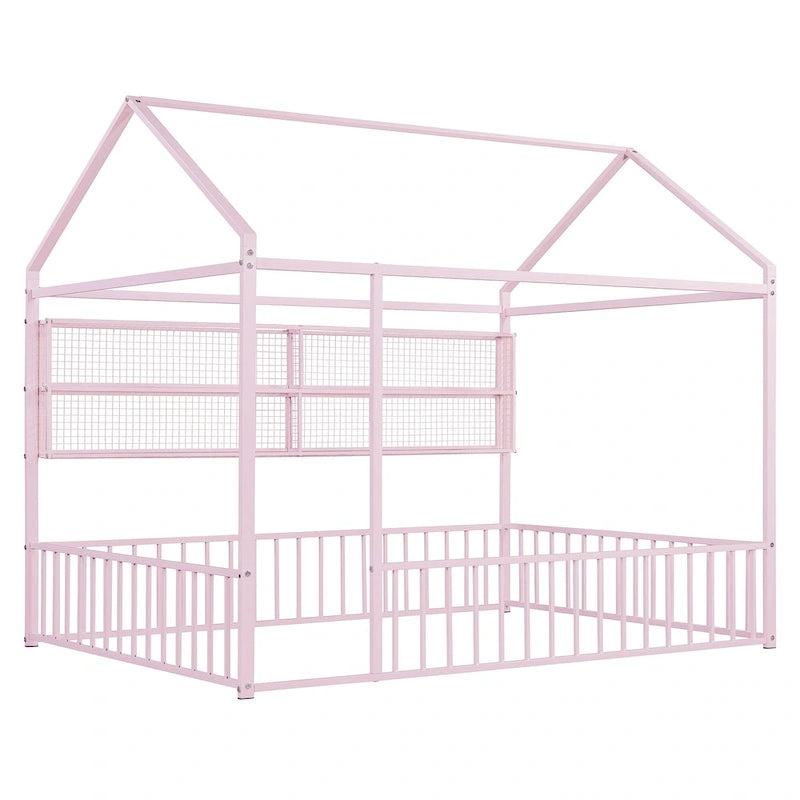 Metal House-Shaped Twin Bed Frame with Grid Shelves and Storage Fence