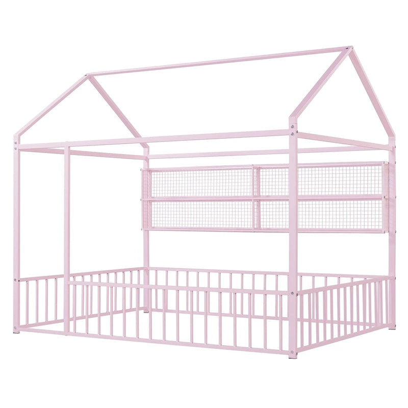 Metal House-Shaped Twin Bed Frame with Grid Shelves and Storage Fence