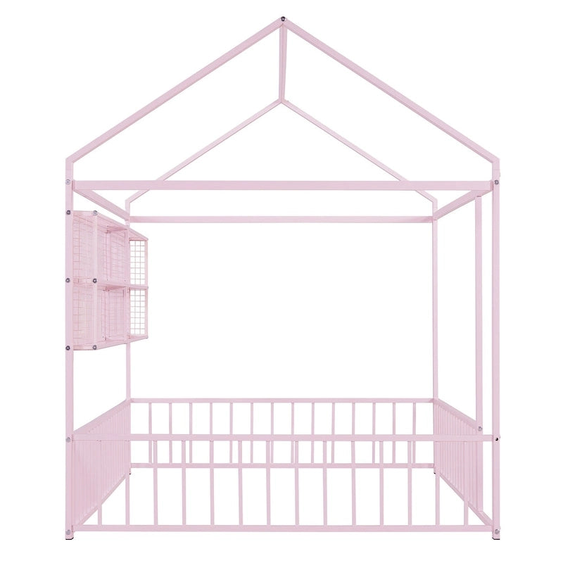Metal House-Shaped Twin Bed Frame with Grid Shelves and Storage Fence