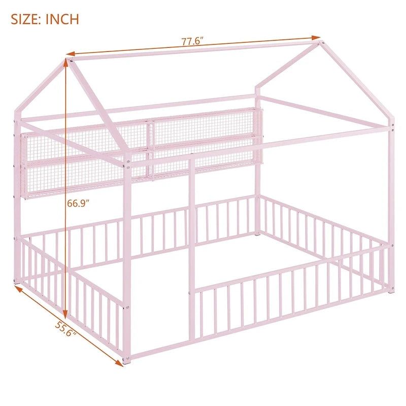 Metal House-Shaped Twin Bed Frame with Grid Shelves and Storage Fence