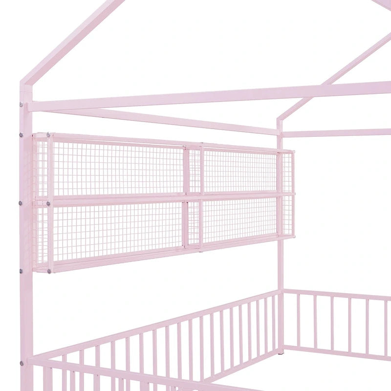Metal House-Shaped Twin Bed Frame with Grid Shelves and Storage Fence