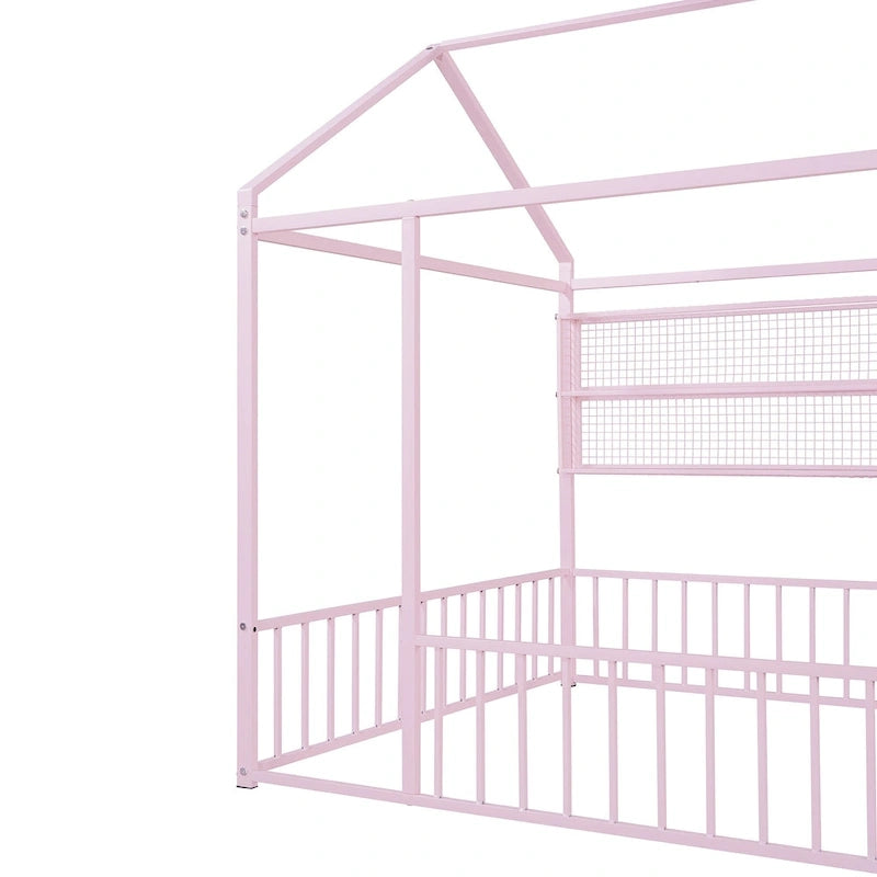 Metal House-Shaped Twin Bed Frame with Grid Shelves and Storage Fence