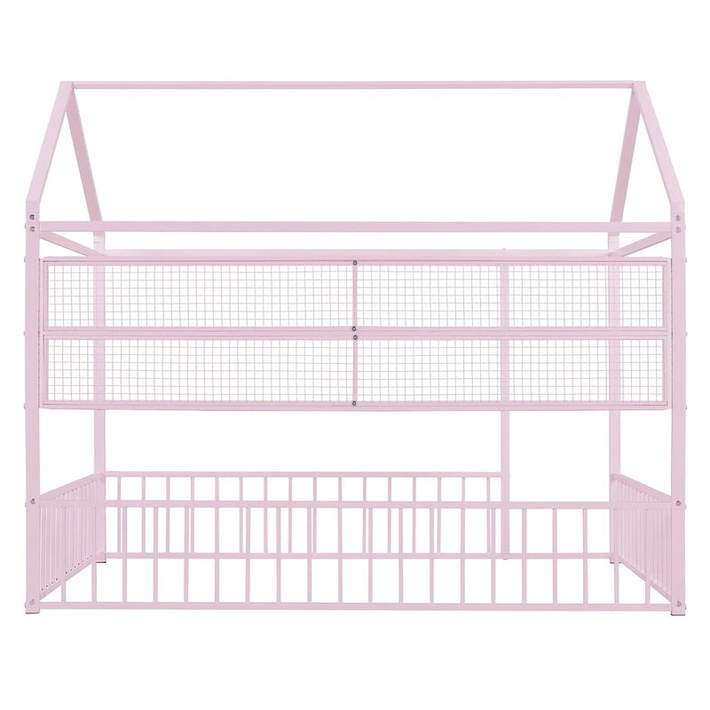 Metal House-Shaped Twin Bed Frame with Grid Shelves and Storage Fence