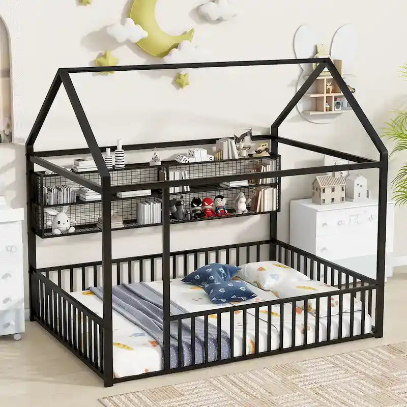 Metal House-Shaped Twin Bed Frame with Grid Shelves and Storage Fence