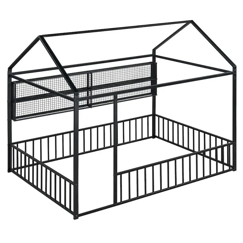 Metal House-Shaped Twin Bed Frame with Grid Shelves and Storage Fence