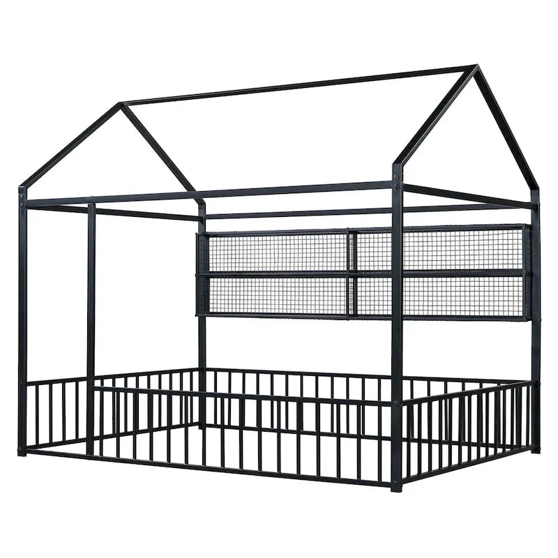 Metal House-Shaped Twin Bed Frame with Grid Shelves and Storage Fence