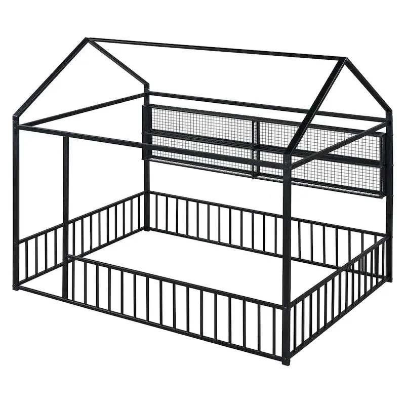 Metal House-Shaped Twin Bed Frame with Grid Shelves and Storage Fence