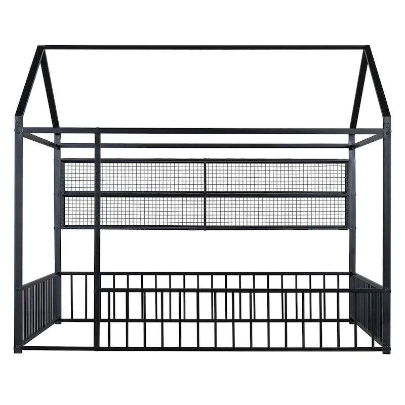 Metal House-Shaped Twin Bed Frame with Grid Shelves and Storage Fence