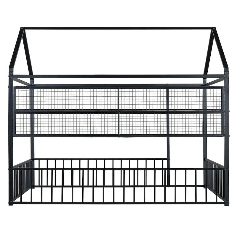 Metal House-Shaped Twin Bed Frame with Grid Shelves and Storage Fence
