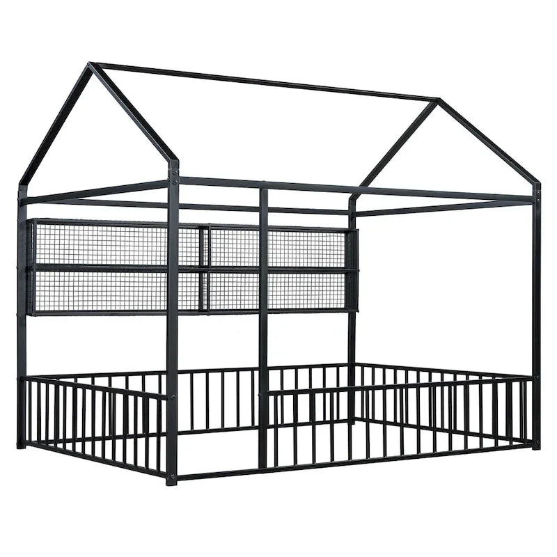 Metal House-Shaped Twin Bed Frame with Grid Shelves and Storage Fence