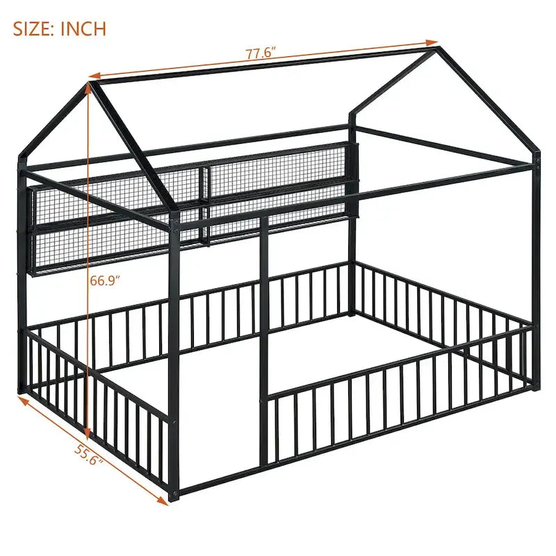Metal House-Shaped Twin Bed Frame with Grid Shelves and Storage Fence