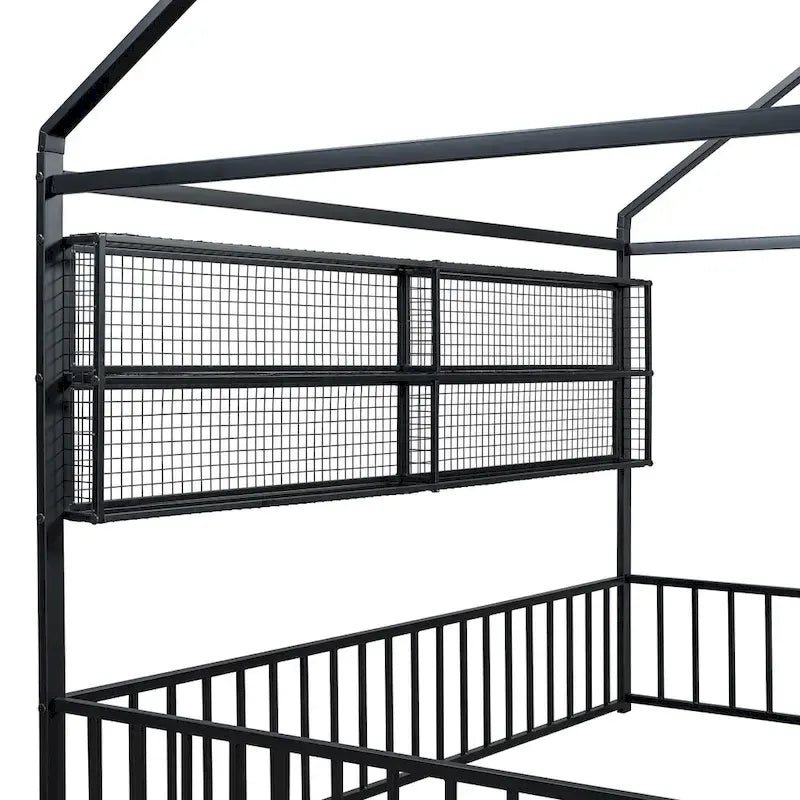 Metal House-Shaped Twin Bed Frame with Grid Shelves and Storage Fence