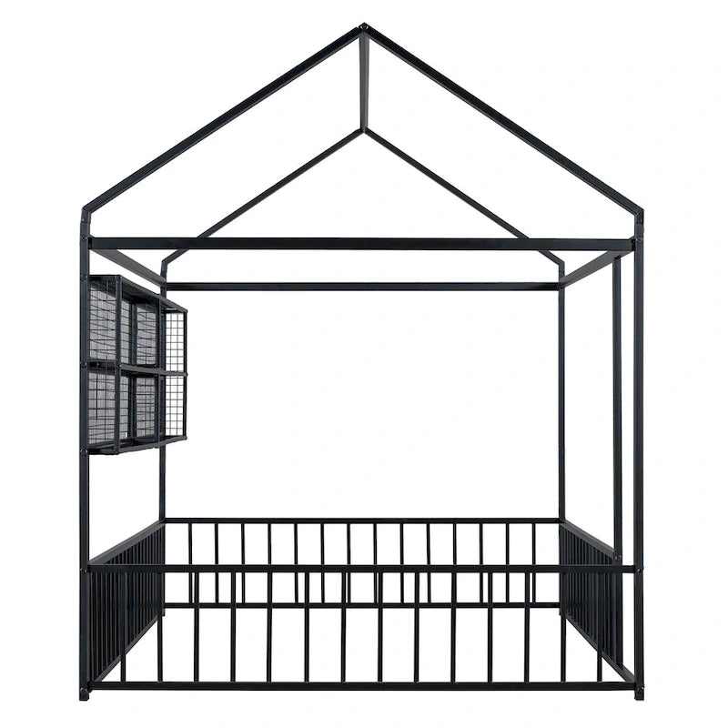 Metal House-Shaped Twin Bed Frame with Grid Shelves and Storage Fence