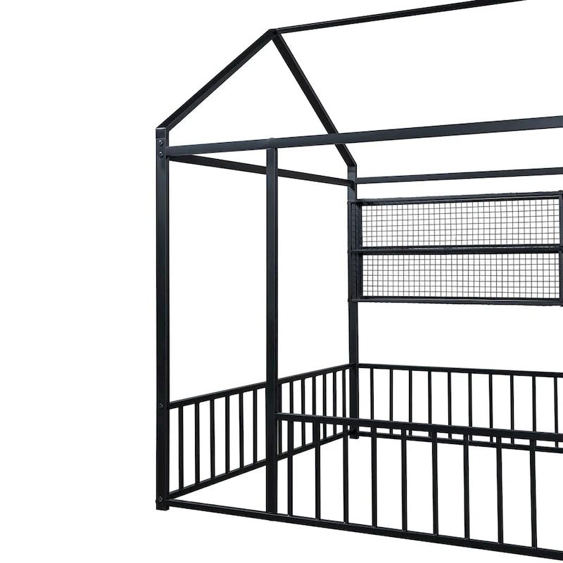 Metal House-Shaped Twin Bed Frame with Grid Shelves and Storage Fence