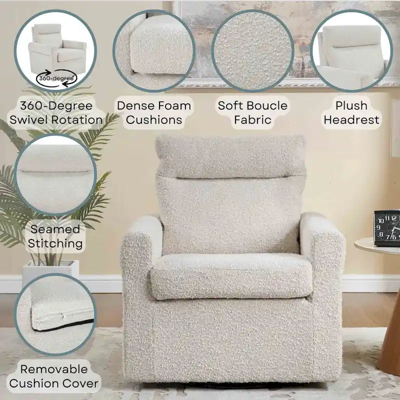 Modern Boucle Swivel Accent Armchair with 360 Degree Rotation and Plush Cushions