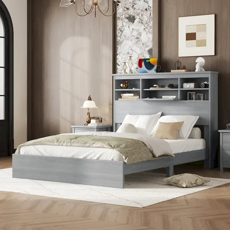 Lit plateforme queen en bois vintage avec tête de lit de rangement