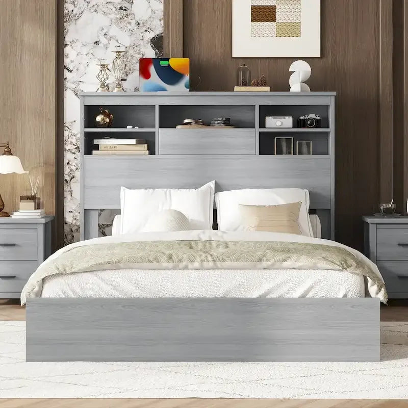 Lit plateforme queen en bois vintage avec tête de lit de rangement