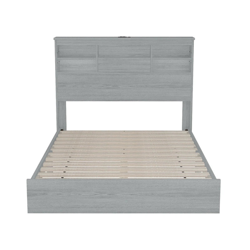 Lit plateforme queen en bois vintage avec tête de lit de rangement
