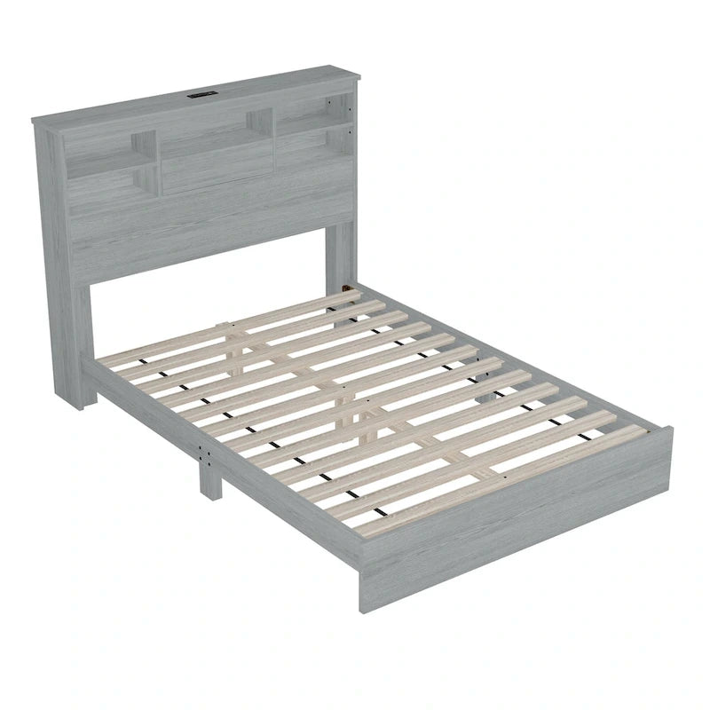 Lit plateforme queen en bois vintage avec tête de lit de rangement