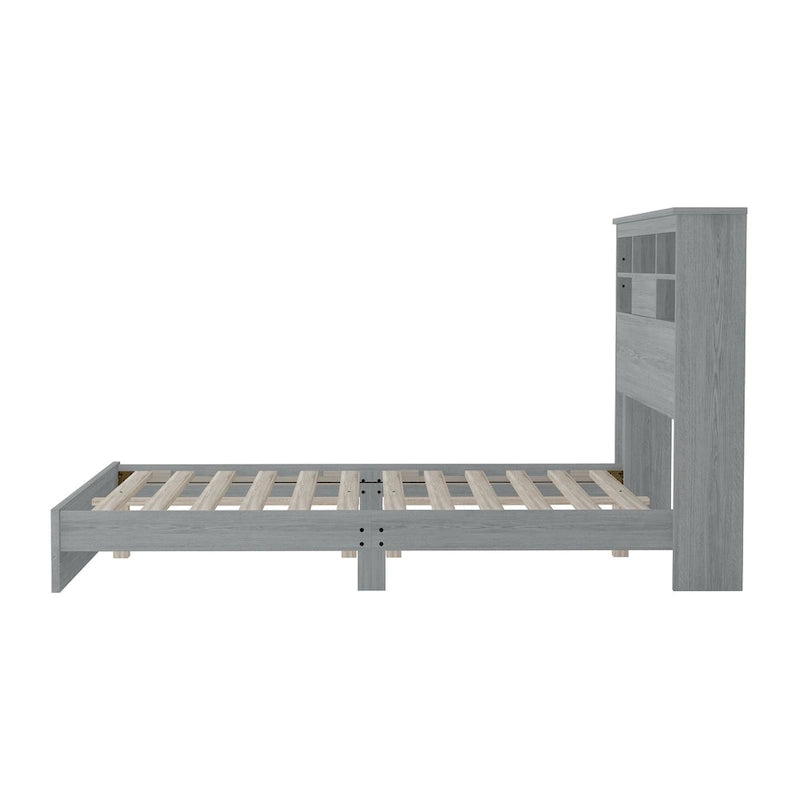 Lit plateforme queen en bois vintage avec tête de lit de rangement
